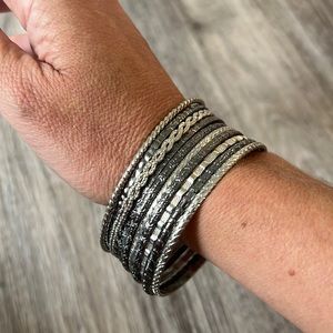 Set of 10 silver and gunmetal bangle bracelets